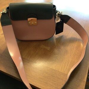 Italian crossbody bag in mauve and olive green.  High gloss leather.  NWT